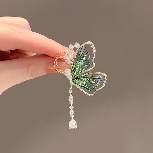Green Butterfly Tassel Rhinestone Brooch for Women