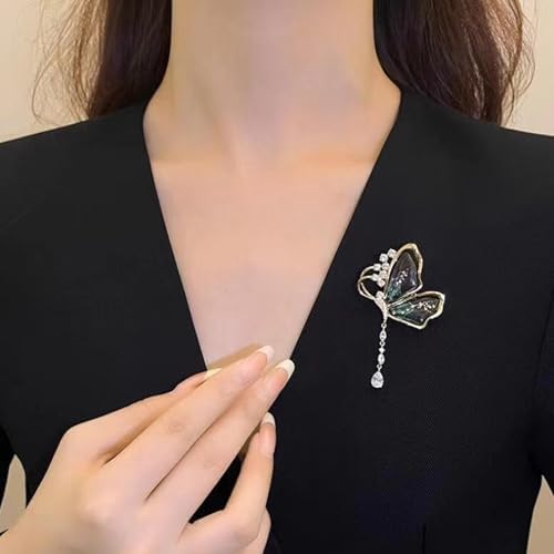 Green Butterfly Tassel Rhinestone Brooch for Women
