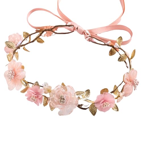 Adjustable Pink Flower Crown Headband for Women
