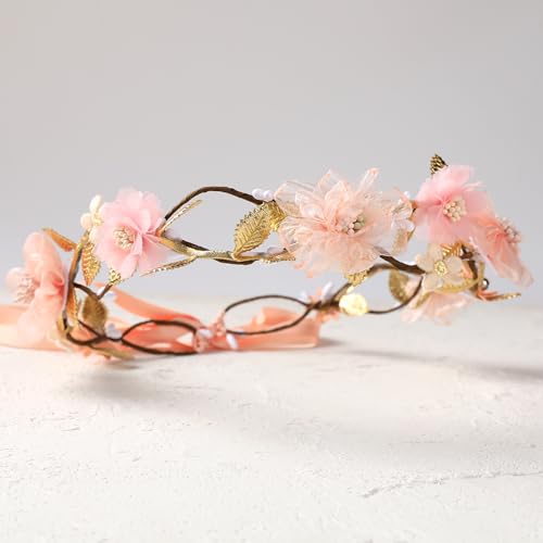 Adjustable Pink Flower Crown Headband for Women