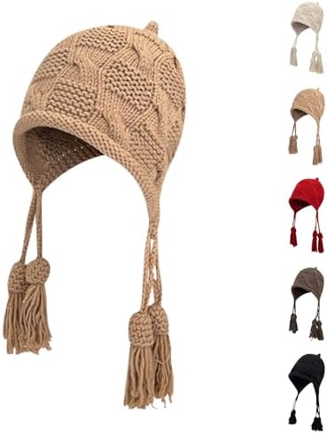HGps8w Womens Beanie Hats with Tassels - Cozy Winter Skull Caps