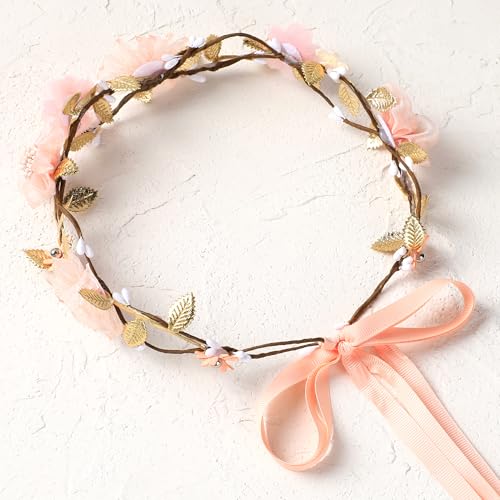 Adjustable Pink Flower Crown Headband for Women