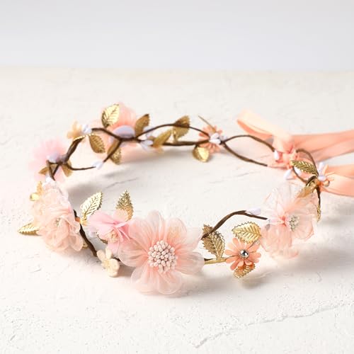 Adjustable Pink Flower Crown Headband for Women