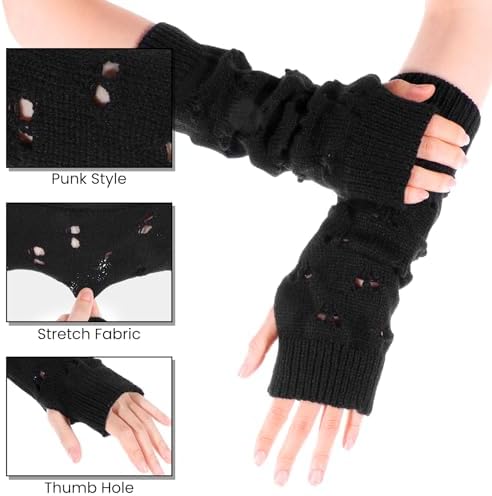 Abeillo Y2K Knit Ripped Arm Warmers for Girls Fashionable Warm 12Inch Gloves