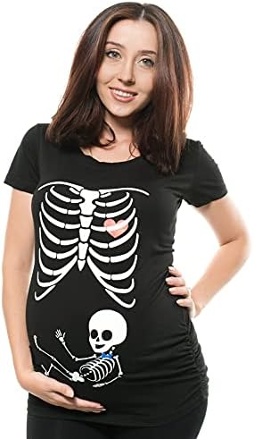 Skeleton Pregnancy Halloween Maternity T-Shirt with X-ray Ribcage Design