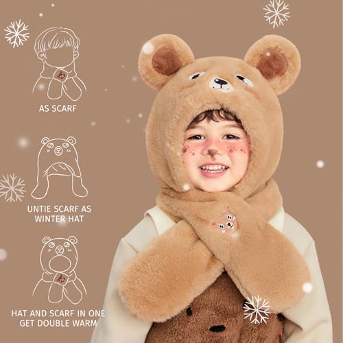 Winter Fuzzy Hat with Cartoon Scarf for Kids
