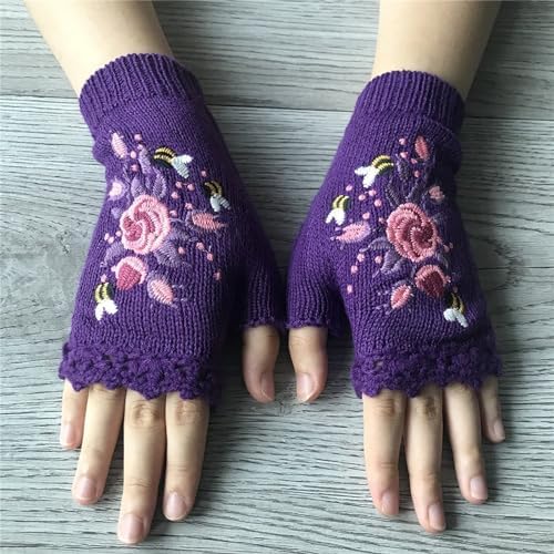 Womens Color-Block Bird Embroidered Knit WristWarmers