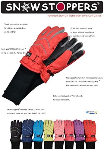 SnowStoppers Kids Waterproof Gloves Long Cuff Insulated and Waterproof for Cold Weather