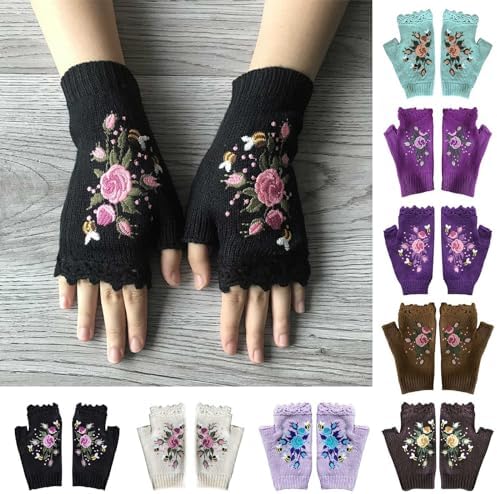 Womens Color-Block Bird Embroidered Knit WristWarmers