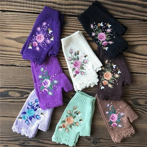 Womens Color-Block Bird Embroidered Knit WristWarmers