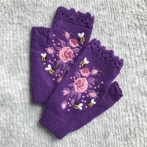Womens Color-Block Bird Embroidered Knit WristWarmers