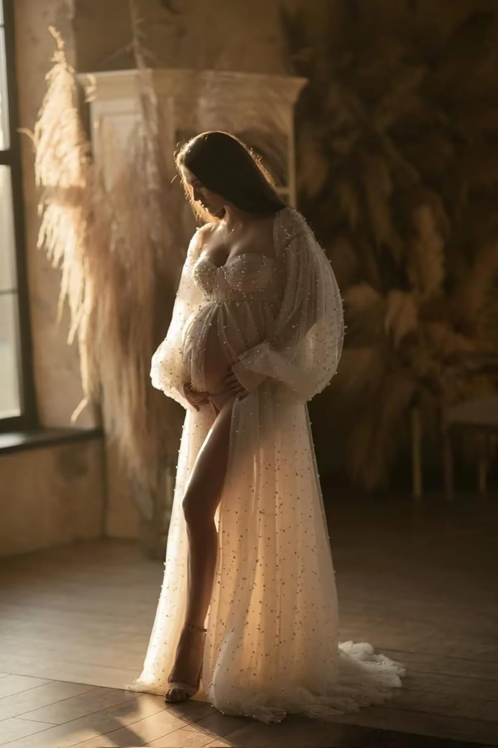 Off Shoulder Pearl Maternity Dress for Special Occasions
