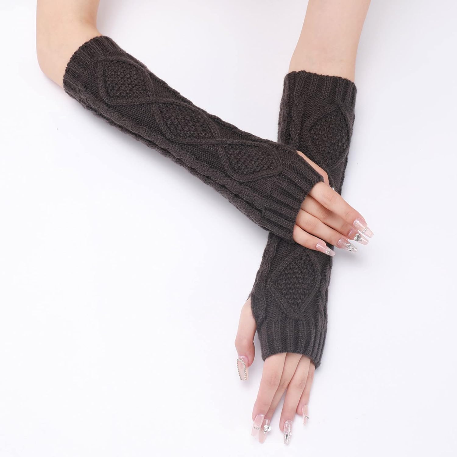 Womens Solid Knitted Fingerless Gloves Dark Gray