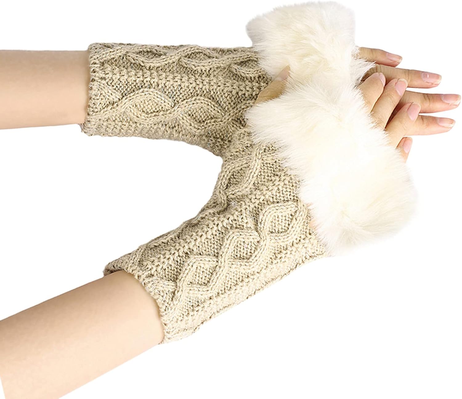 Chunky Wool Winter Wrist Gloves with Furry Cuff