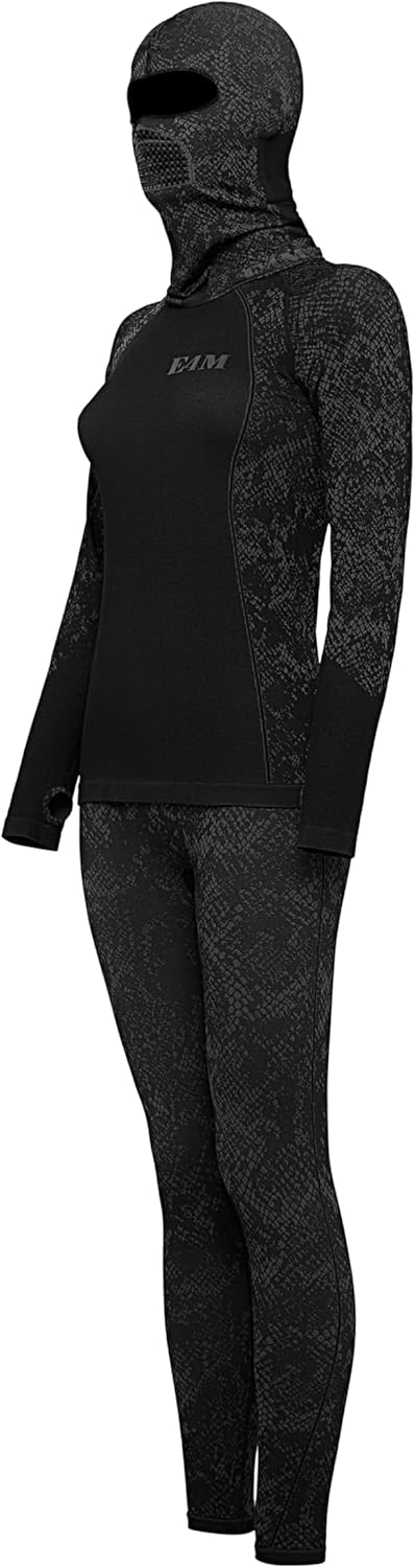 Kinda Womens Thermal Bottoms Top Set with Ski Mask Gray Camo