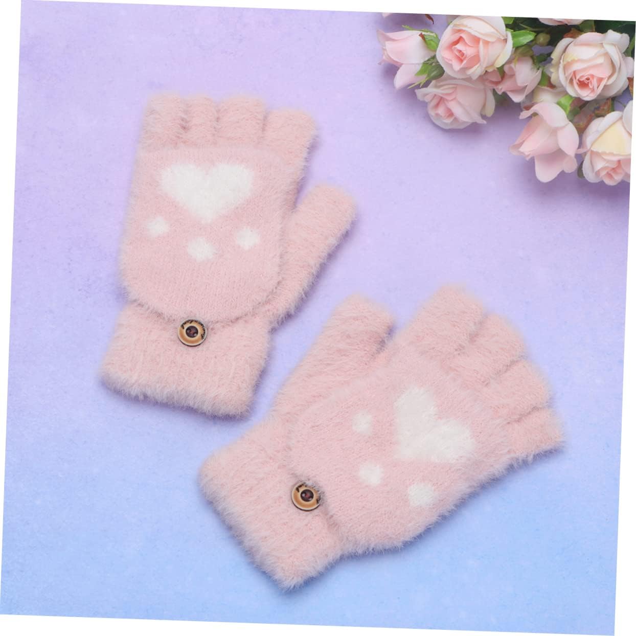 Ipetboom Pink Love Plush Half Finger Winter Gloves for Boys