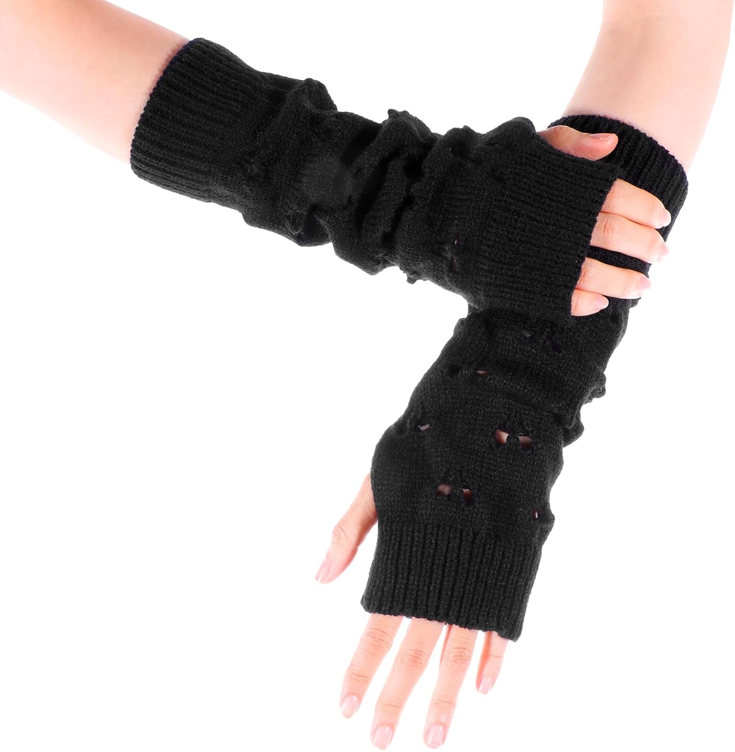 Abeillo Y2K Knit Ripped Arm Warmers for Girls Fashionable Warm 12Inch Gloves