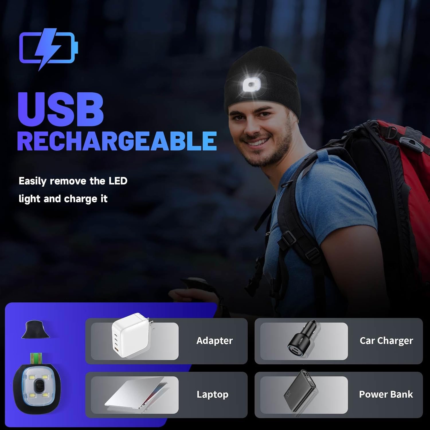 USB Rechargeable LED Beanie Hat for Winter Safety and Outdoor Use