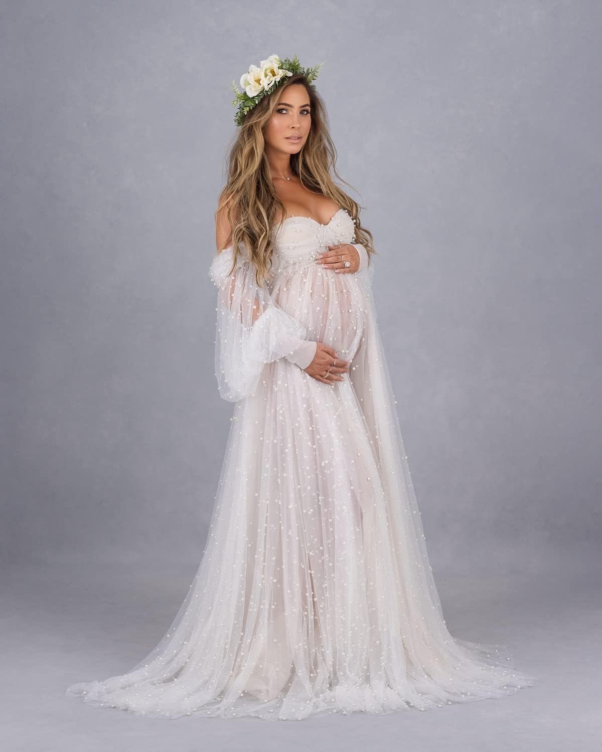 Off Shoulder Pearl Maternity Dress for Special Occasions