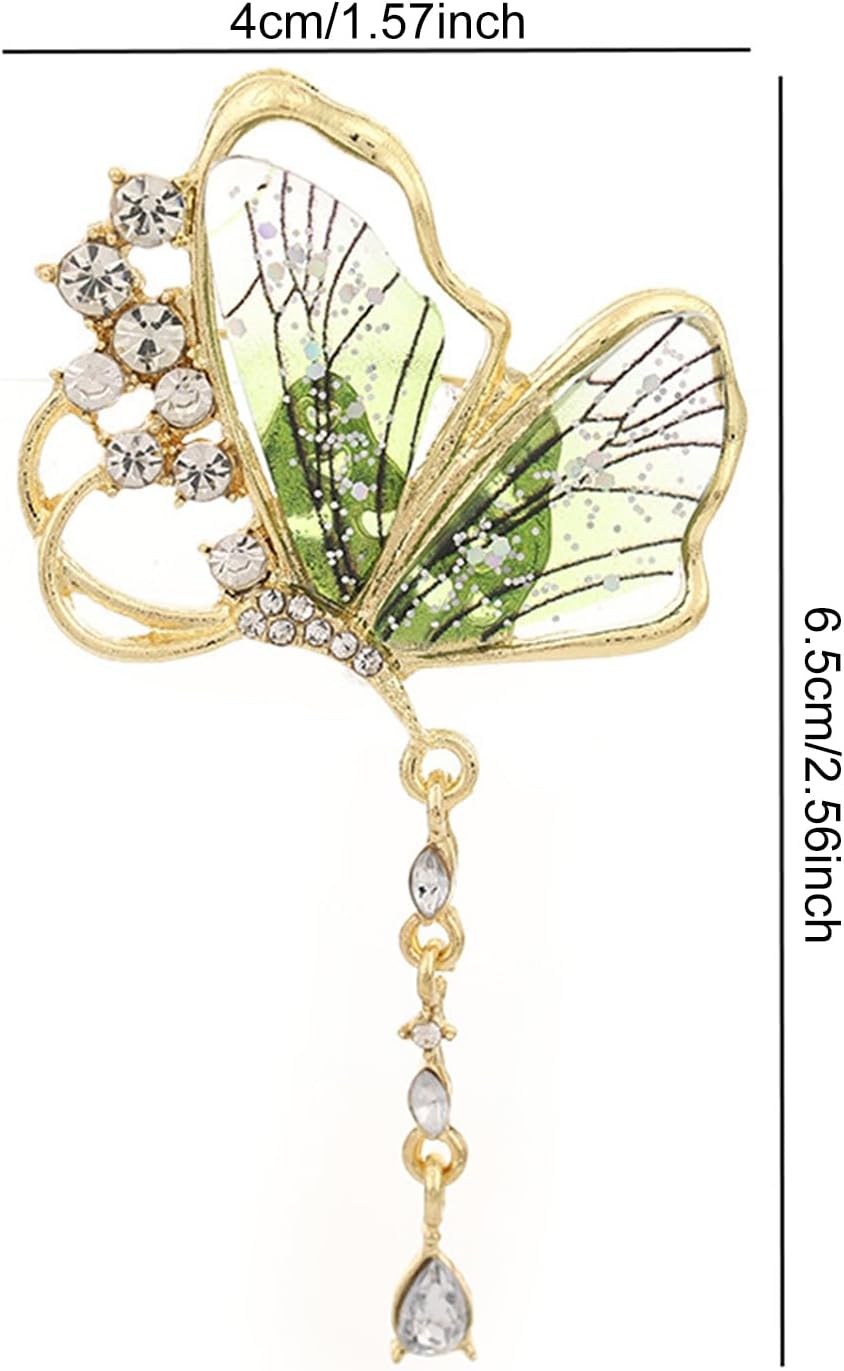 Green Butterfly Tassel Rhinestone Brooch for Women