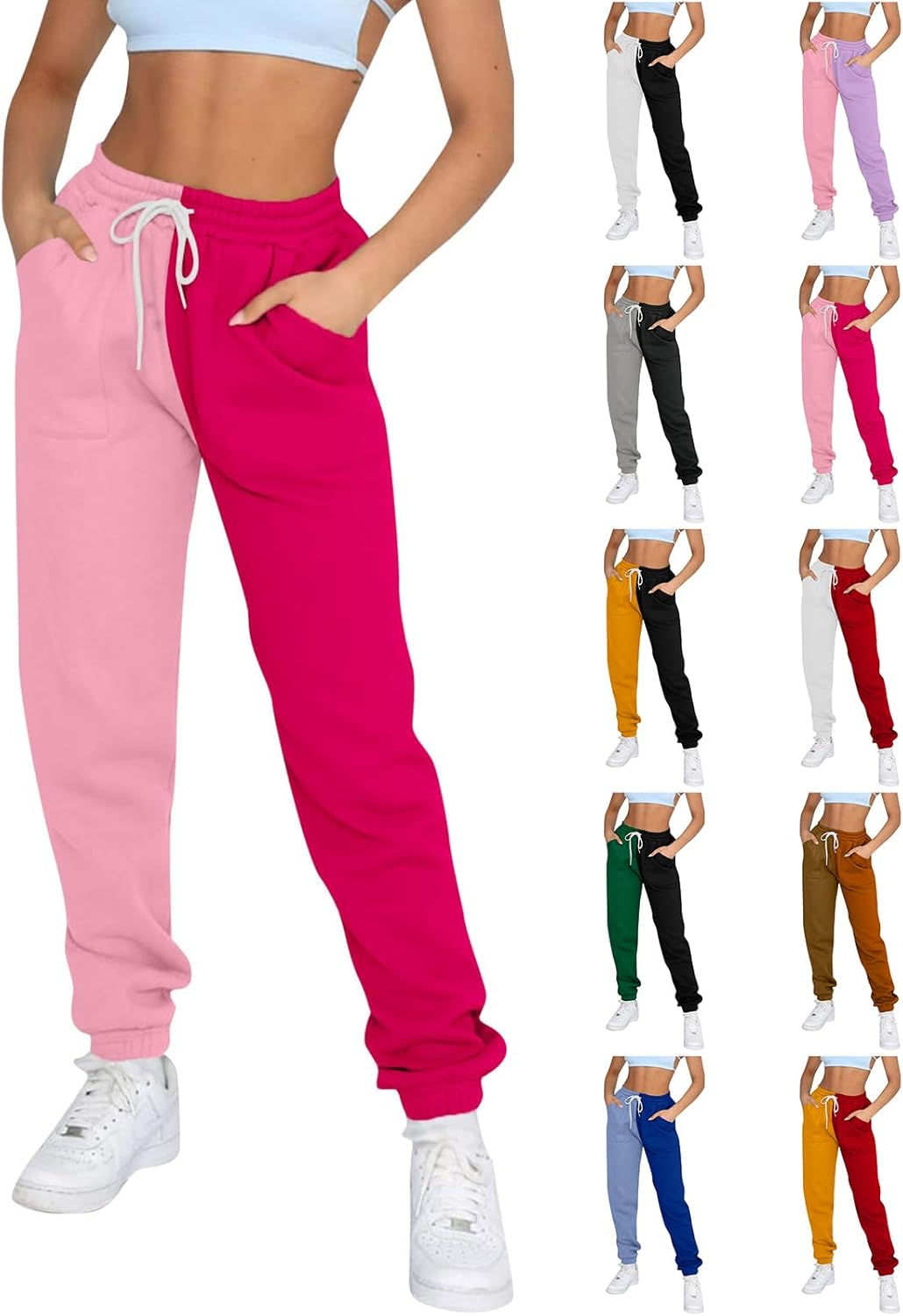 Fleece Straight Leg Sweatpants for Women - Elastic High Waisted Joggers with Pockets