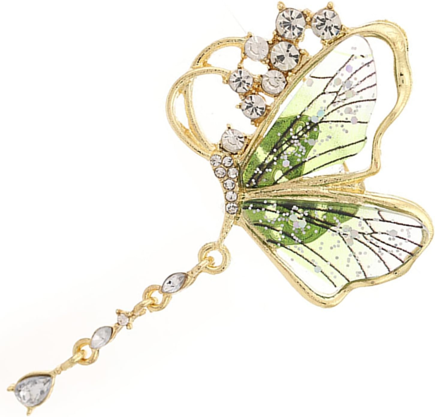 Green Butterfly Tassel Rhinestone Brooch for Women