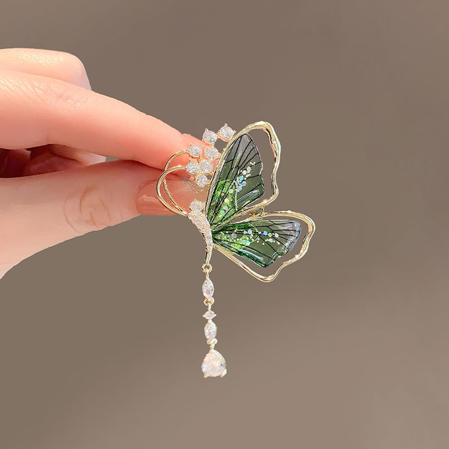 Green Butterfly Tassel Rhinestone Brooch for Women