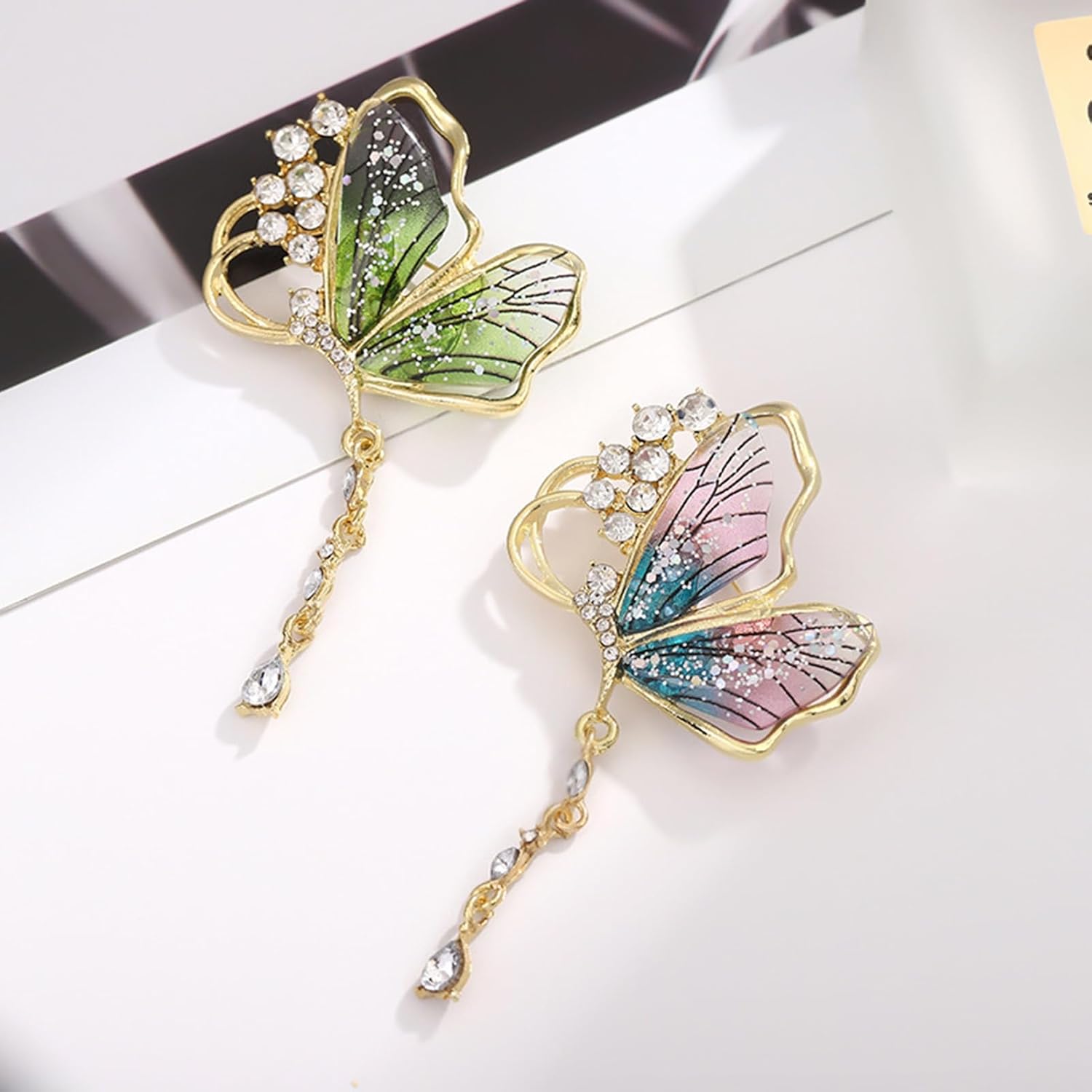 Green Butterfly Tassel Rhinestone Brooch for Women