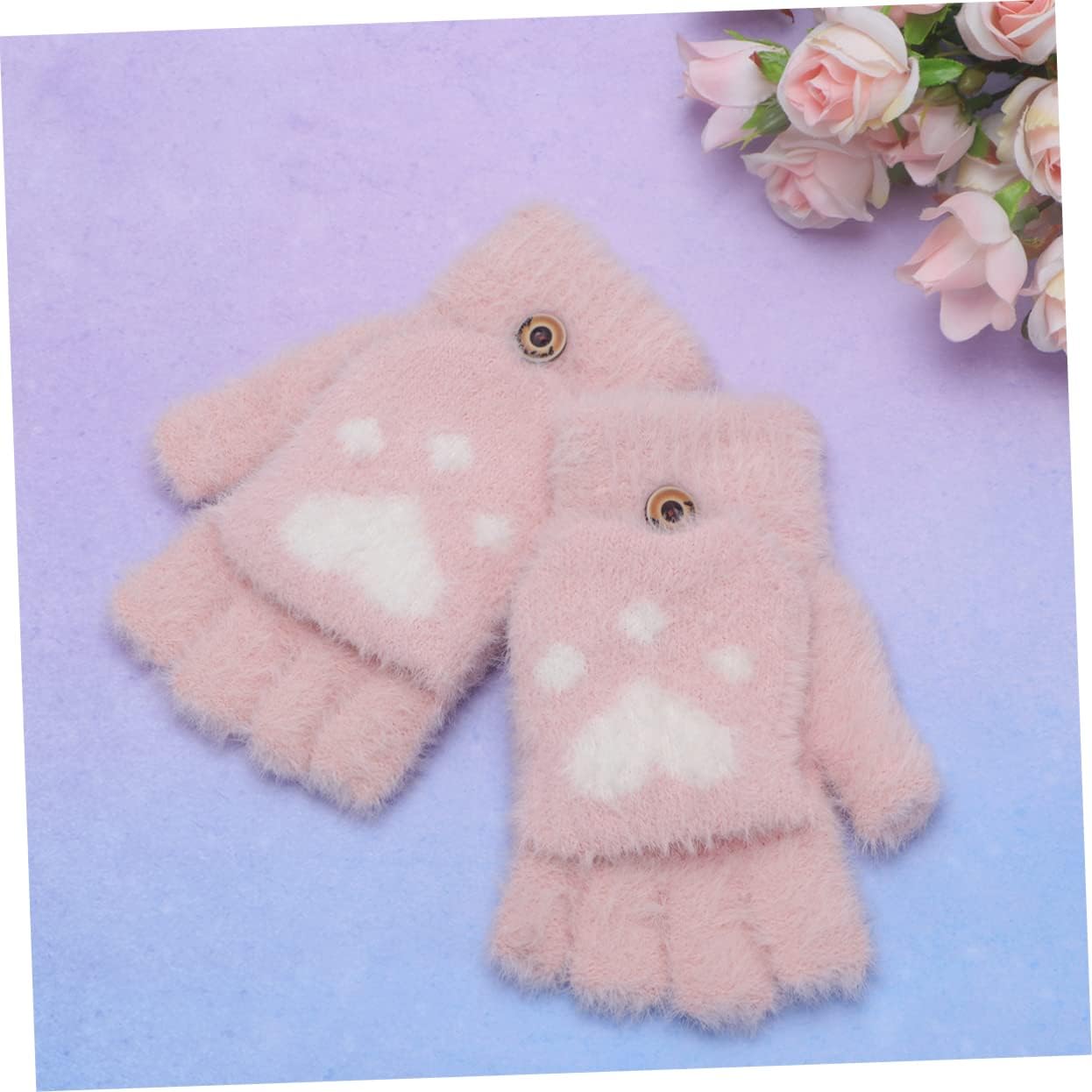 Ipetboom Pink Love Plush Half Finger Winter Gloves for Boys