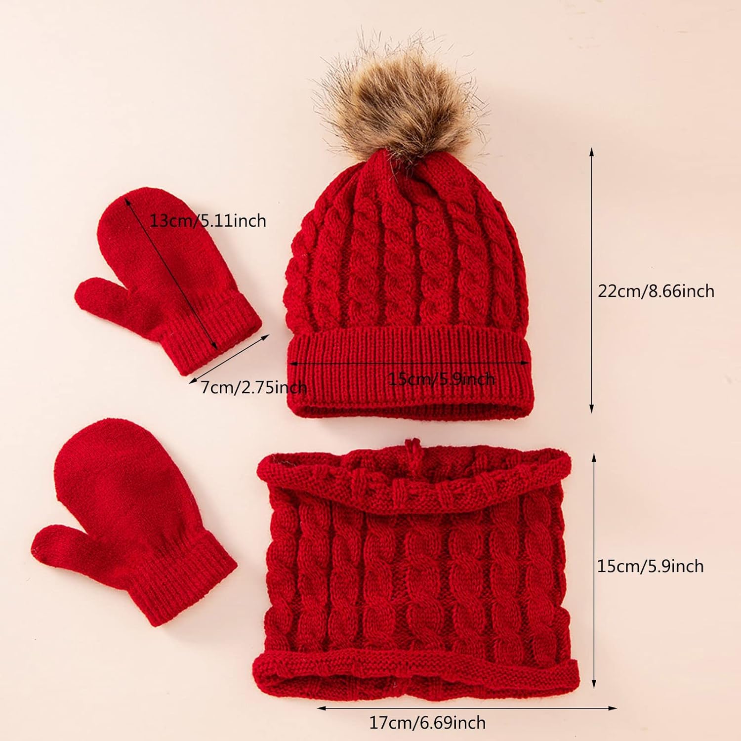 3Pcs Kids Winter Hat Scarf Gloves Set