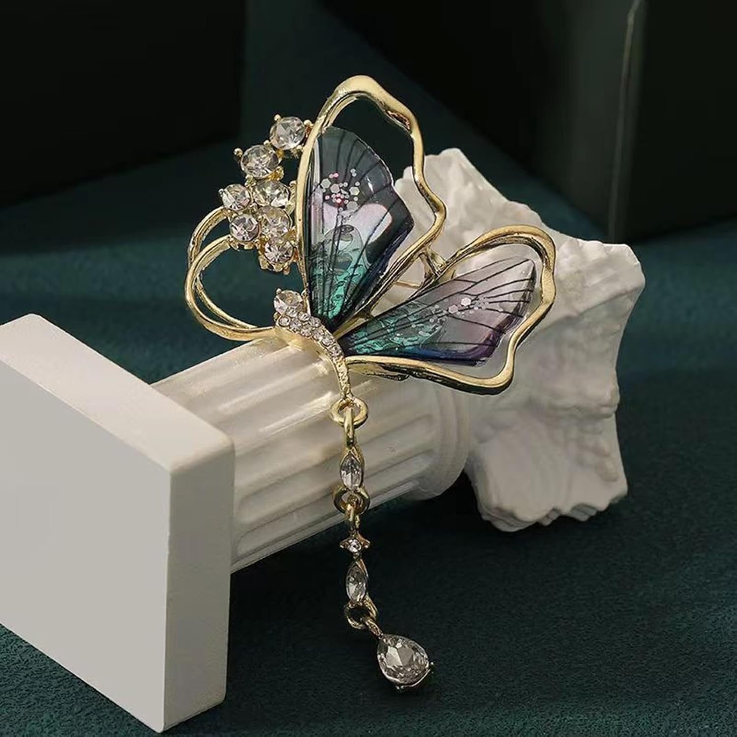 Green Butterfly Tassel Rhinestone Brooch for Women