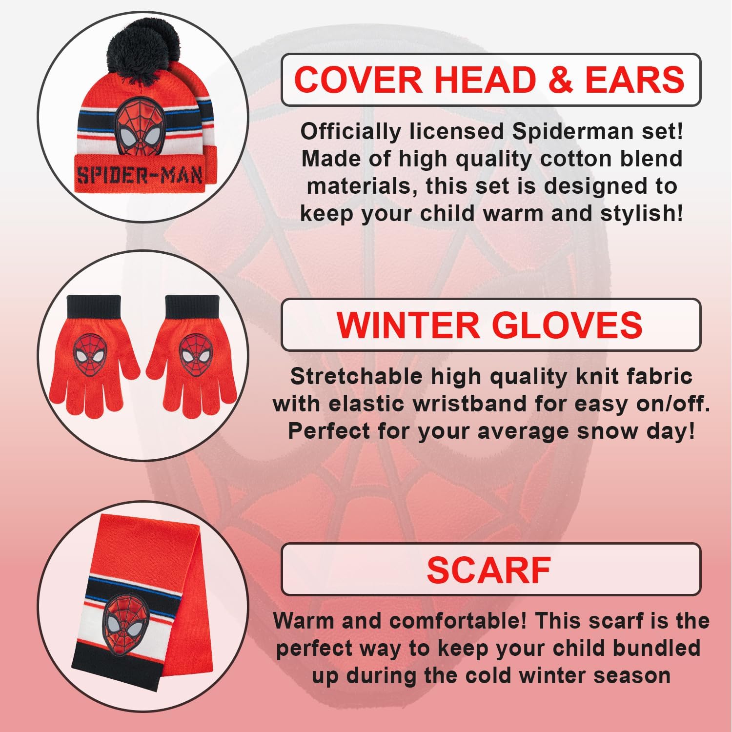 Marvel Spider-Man Winter Hat Scarf and Gloves Set for Kids