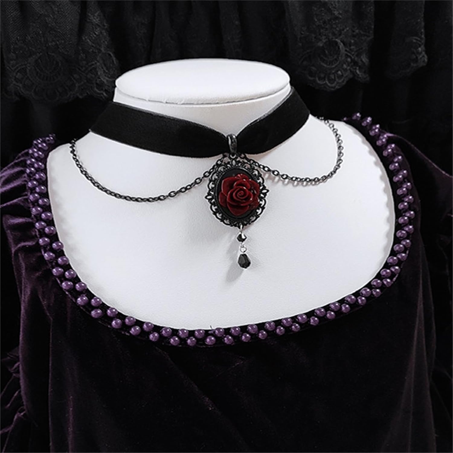 Gothic Black Rose Pendant Choker Necklace for Women