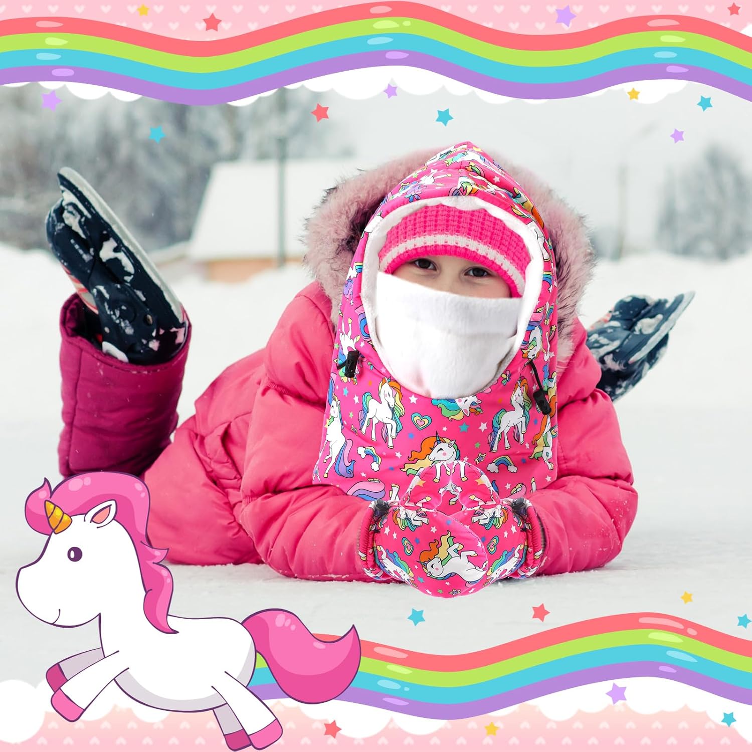 Geyoga Kids Winter Balaclava Set with Gloves Scarf Waterproof Windproof for Toddler