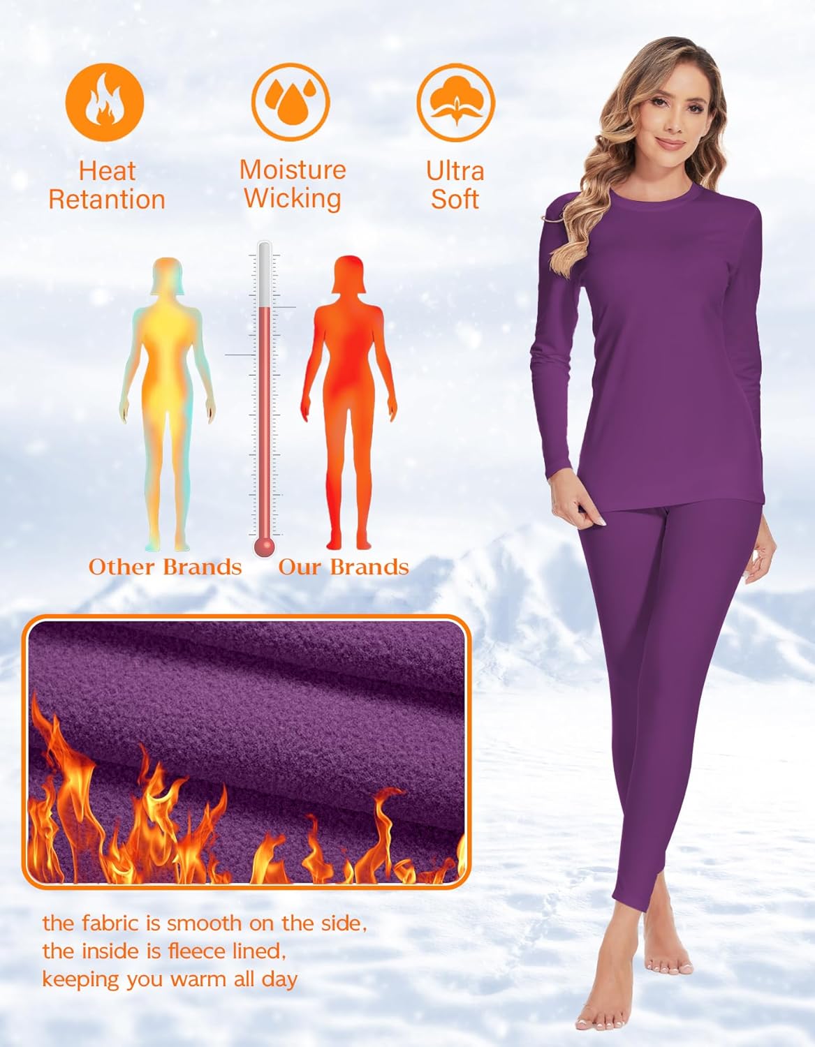 YADIFEN Women Thermal Underwear Set with Fleece Lined Long Johns Purple