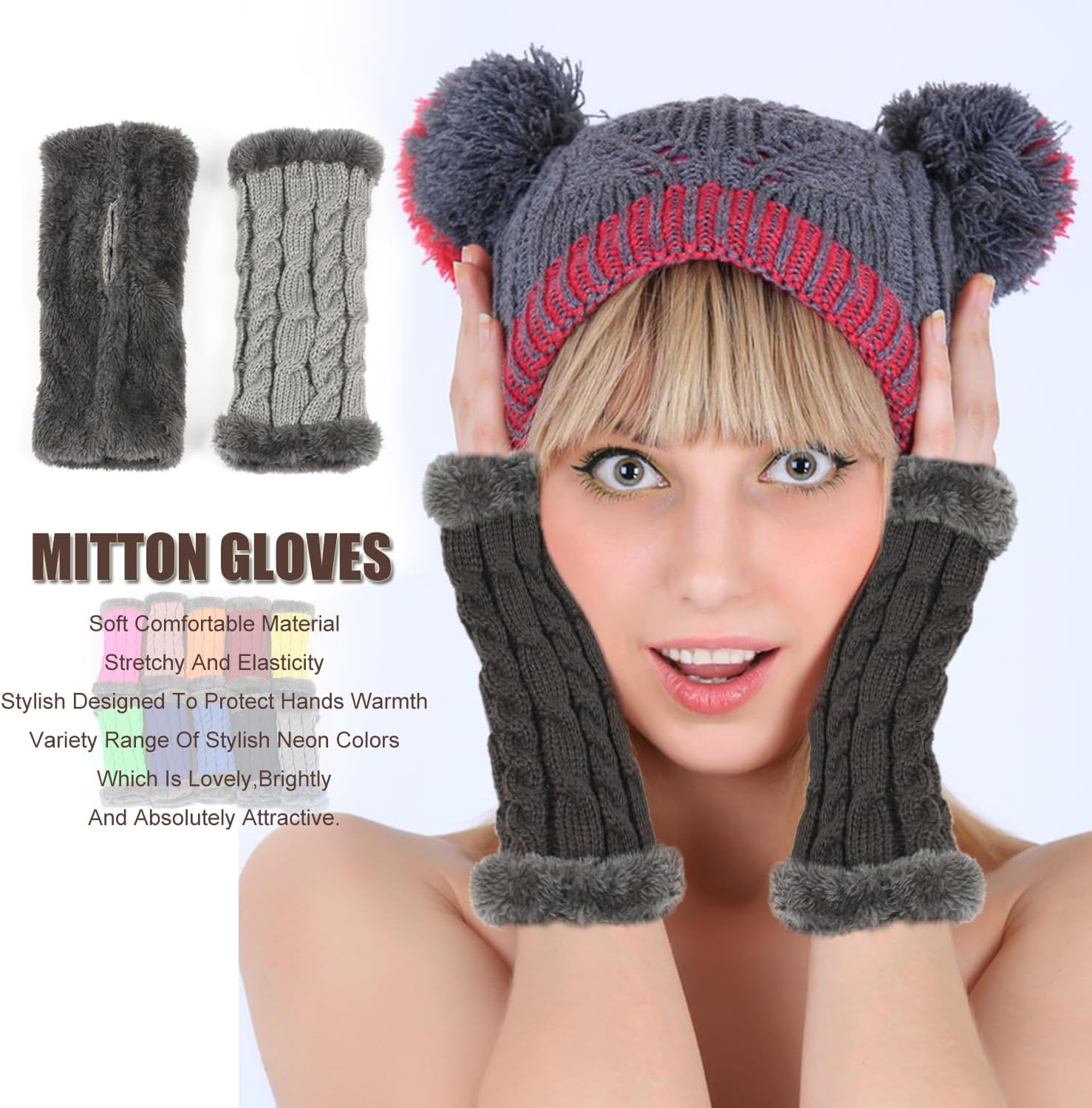 Fur Winter Knit Mitten Women Thumb Hole Gloves