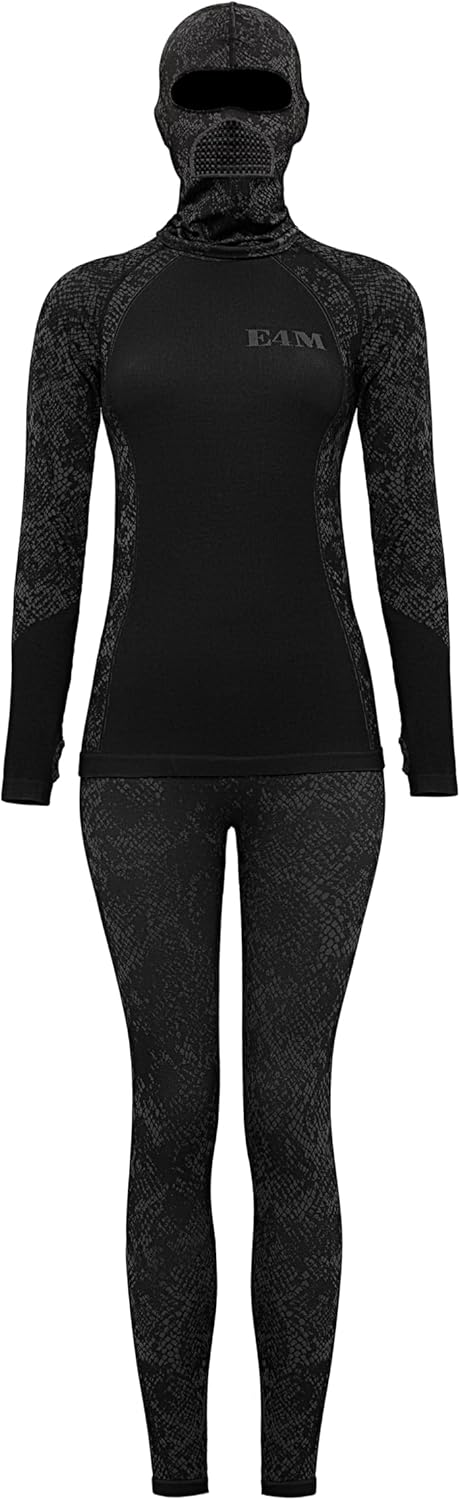 Kinda Womens Thermal Bottoms Top Set with Ski Mask Gray Camo