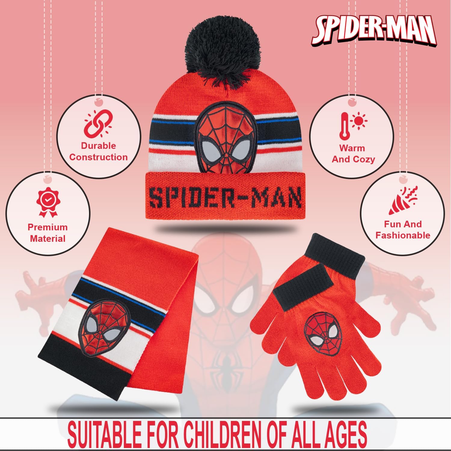 Marvel Spider-Man Winter Hat Scarf and Gloves Set for Kids