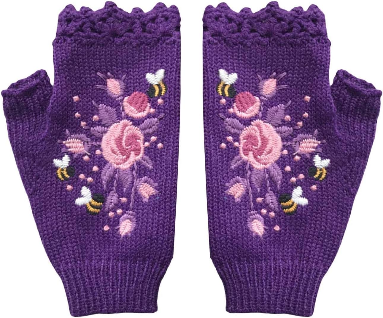 Womens Color-Block Bird Embroidered Knit WristWarmers