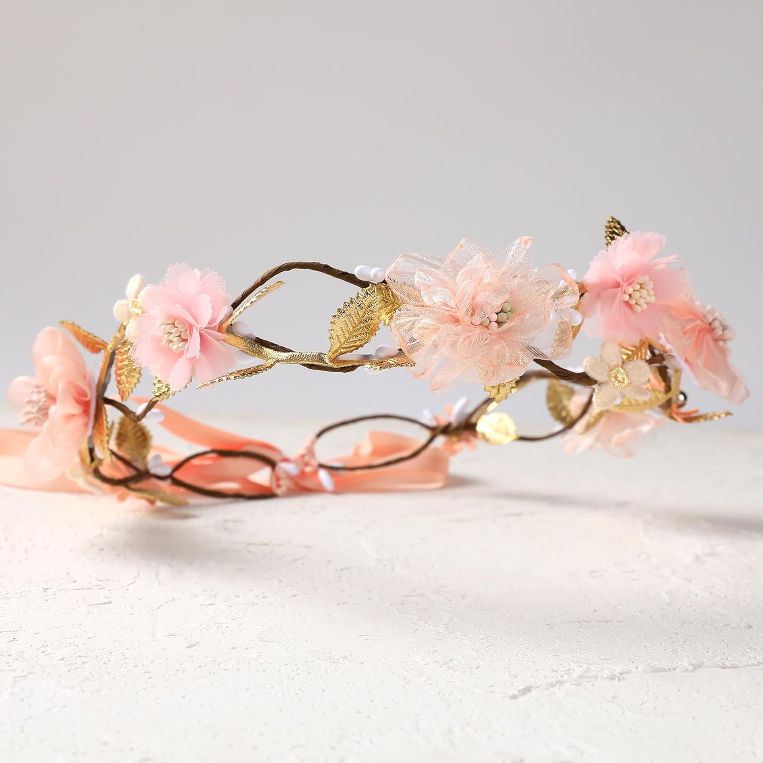 Adjustable Pink Flower Crown Headband for Women