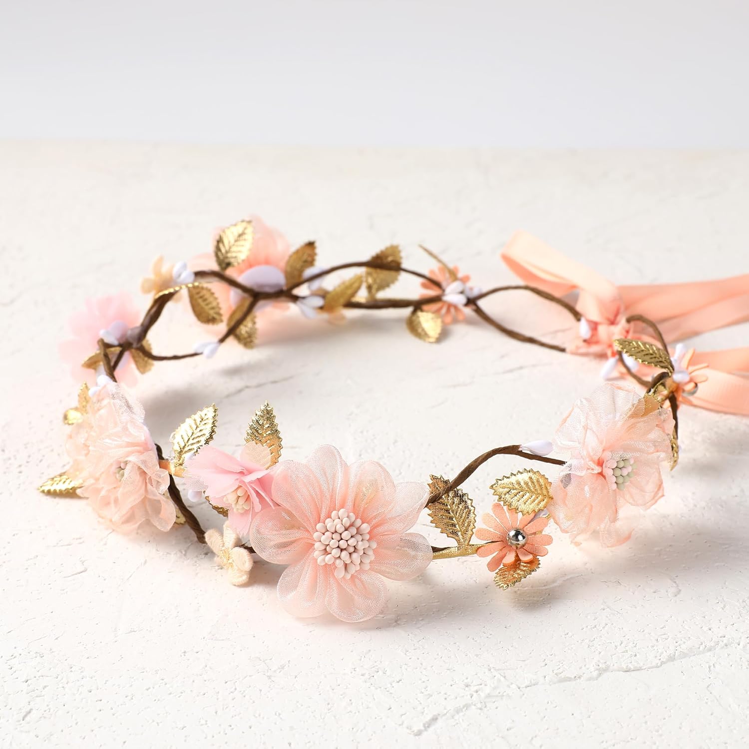 Adjustable Pink Flower Crown Headband for Women
