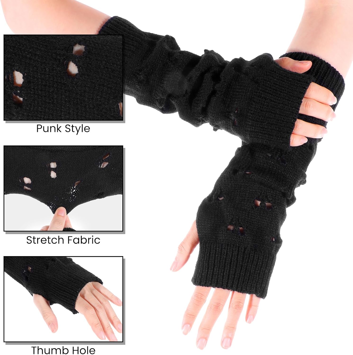 Abeillo Y2K Knit Ripped Arm Warmers for Girls Fashionable Warm 12Inch Gloves