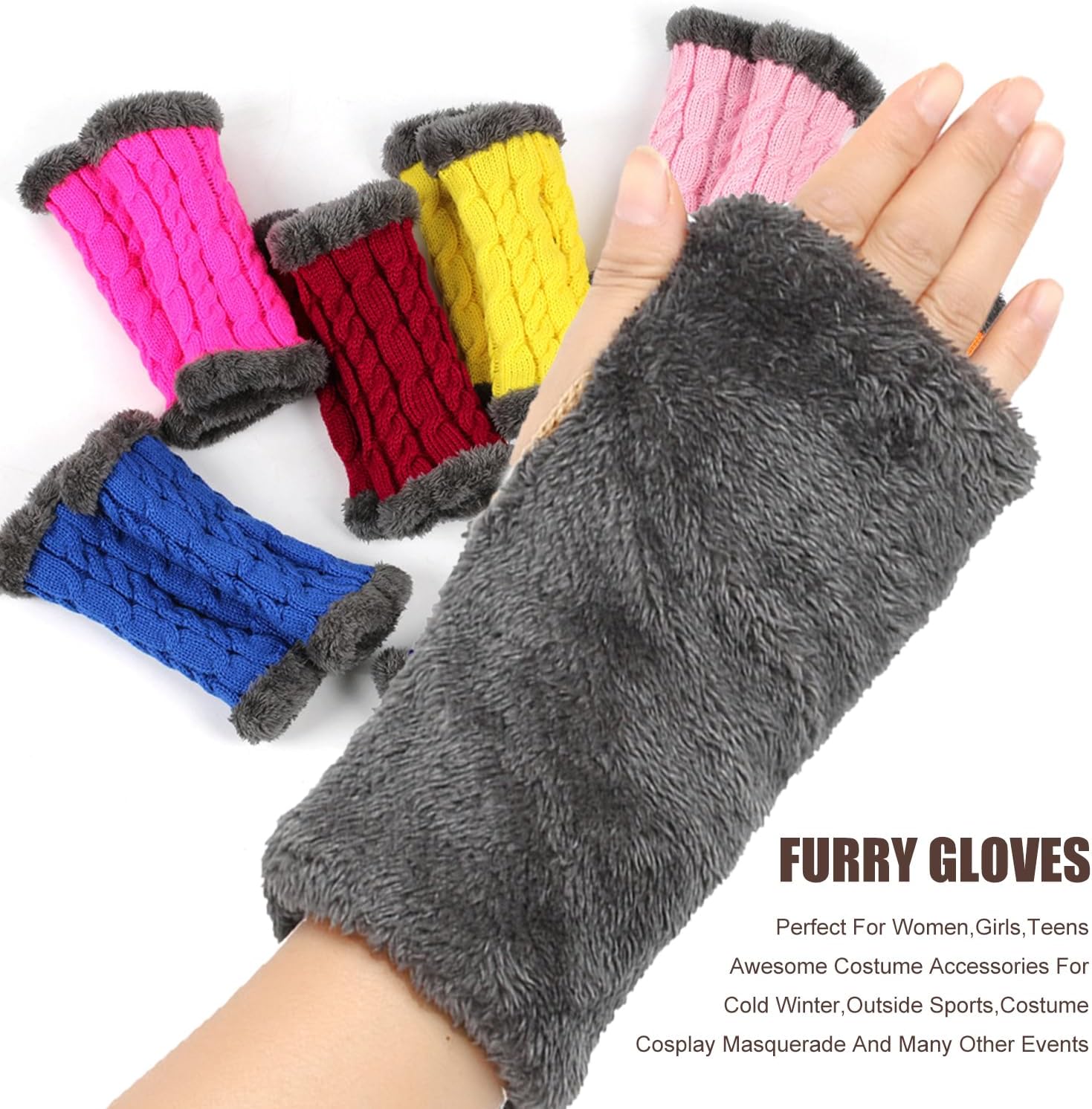 Fur Winter Knit Mitten Women Thumb Hole Gloves