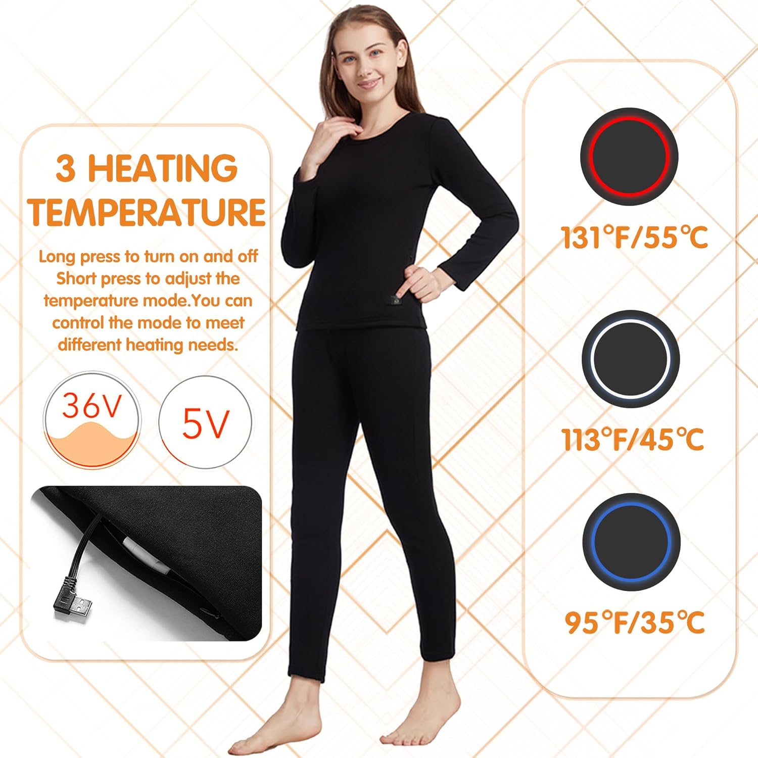 Womens Heated Underwear Set with 28 Heating Zones