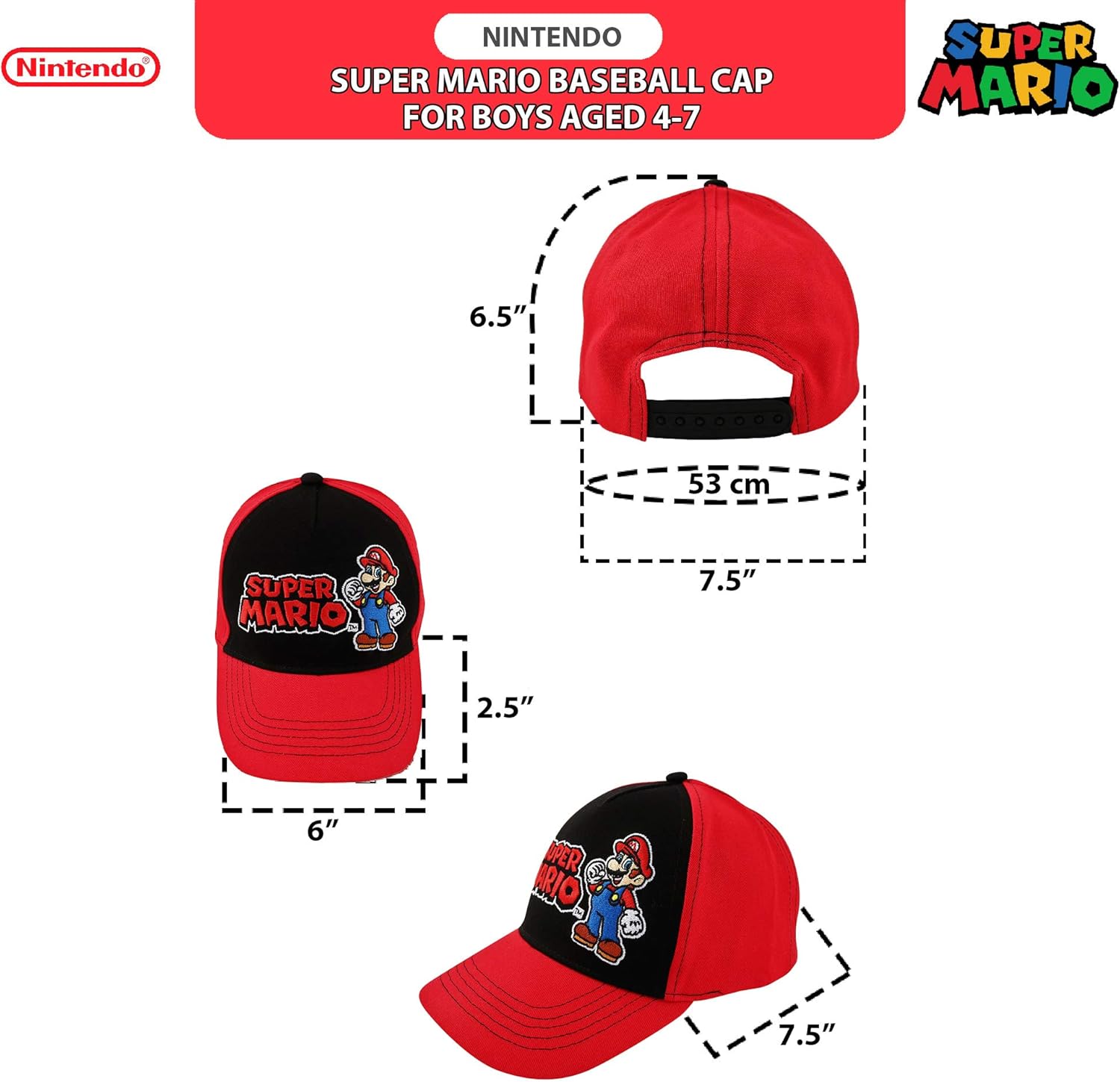 Nintendo Boys Super Mario Bros Cotton Baseball Cap 4-7