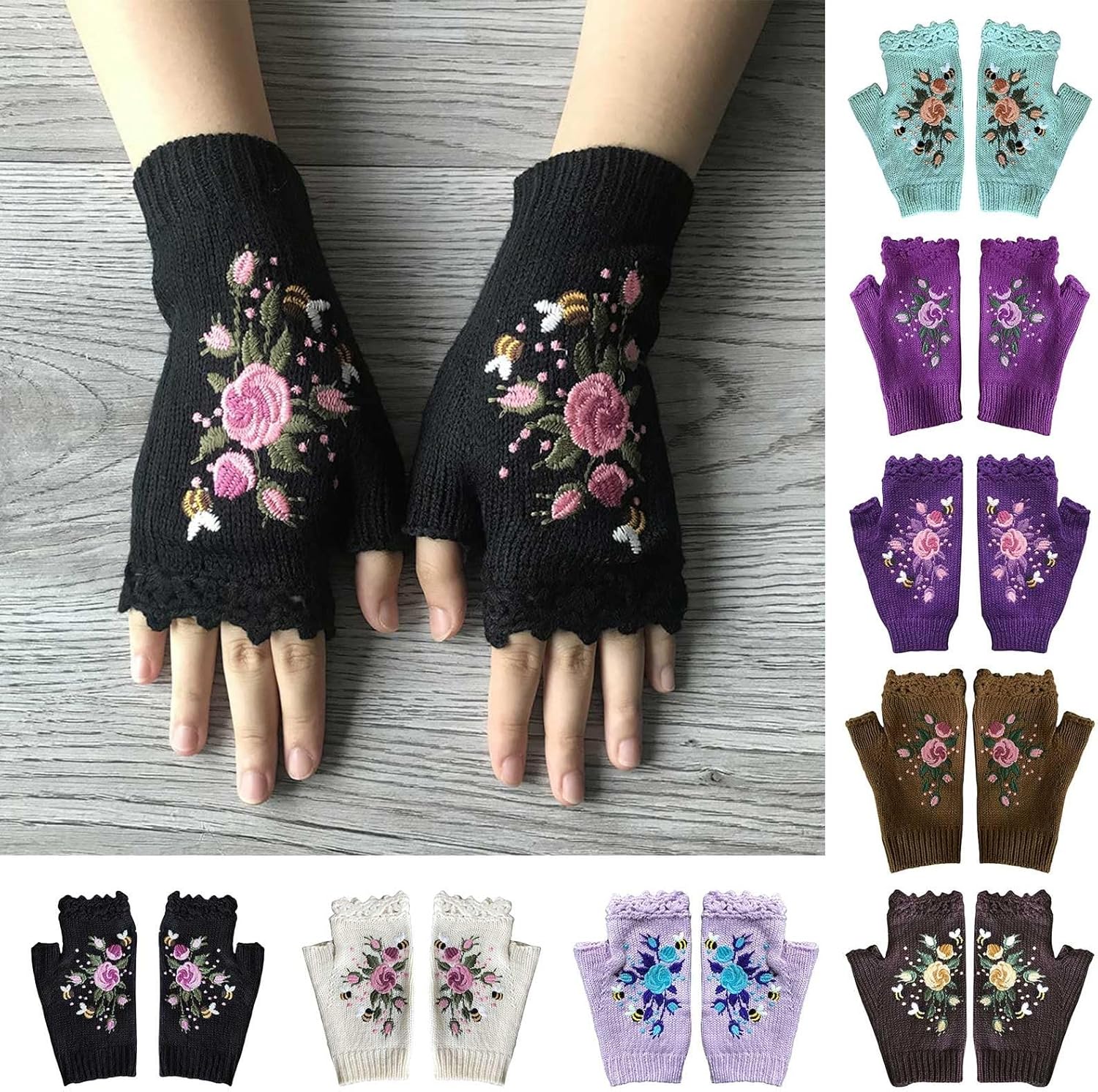Womens Color-Block Bird Embroidered Knit WristWarmers