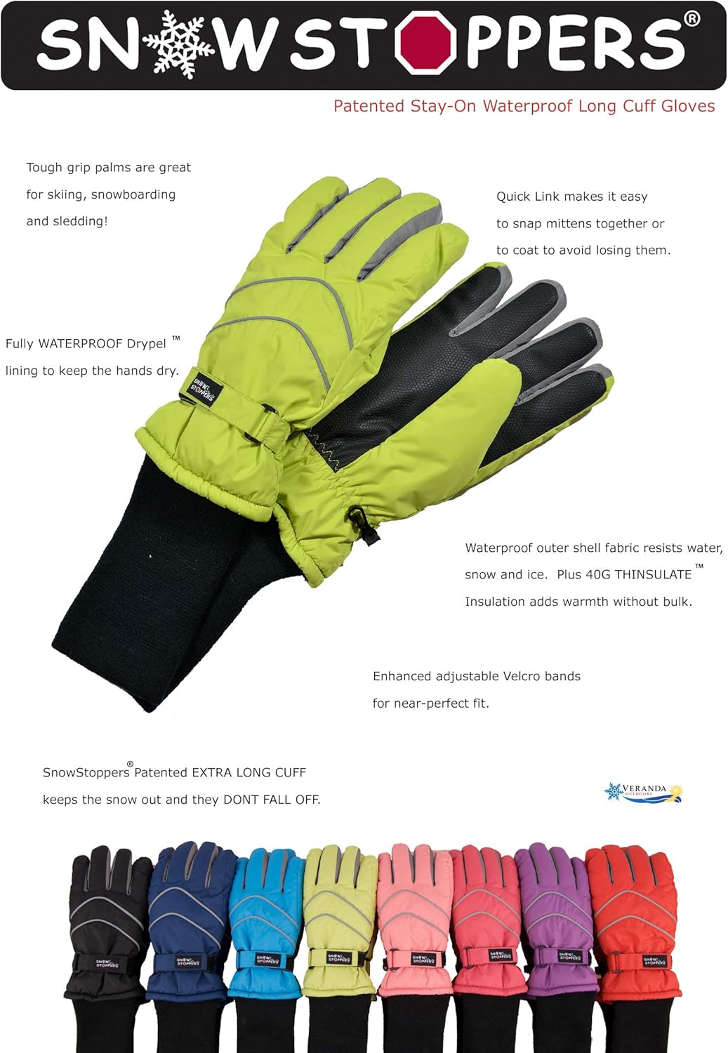 SnowStoppers Kids Waterproof Long Cuff Winter Gloves