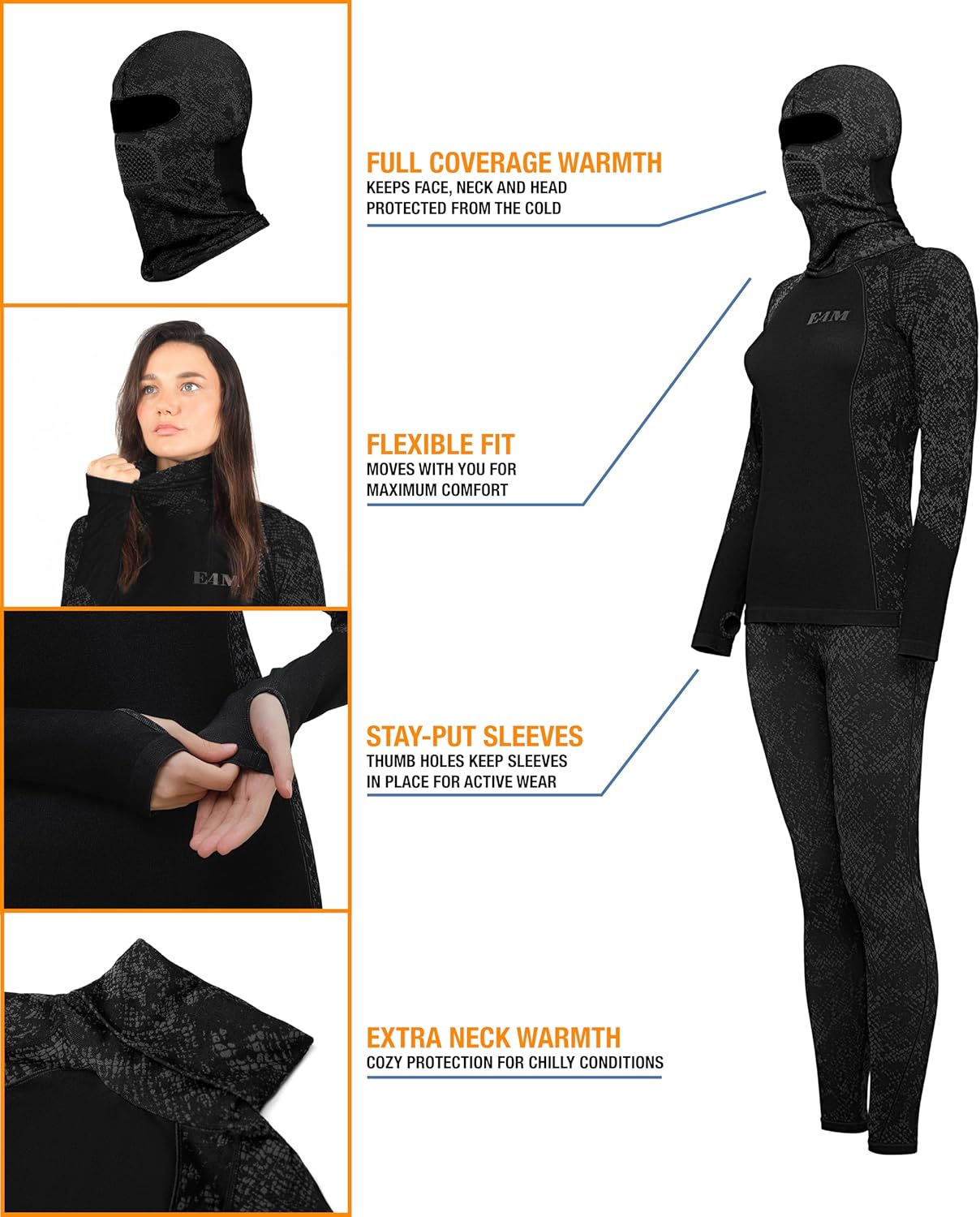 Kinda Womens Thermal Bottoms Top Set with Ski Mask Gray Camo
