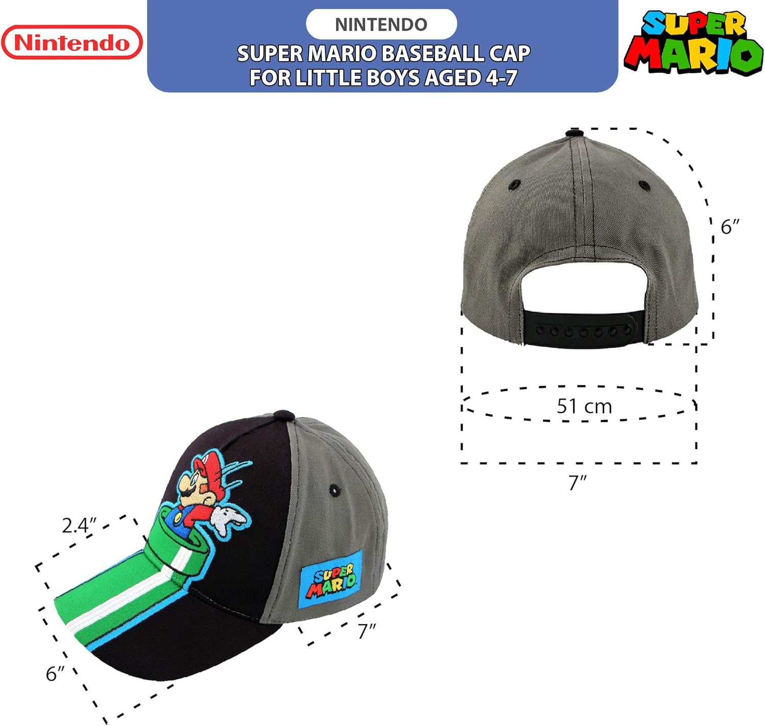 Nintendo Super Mario Cotton Baseball Cap for Boys - Adjustable Comfortable