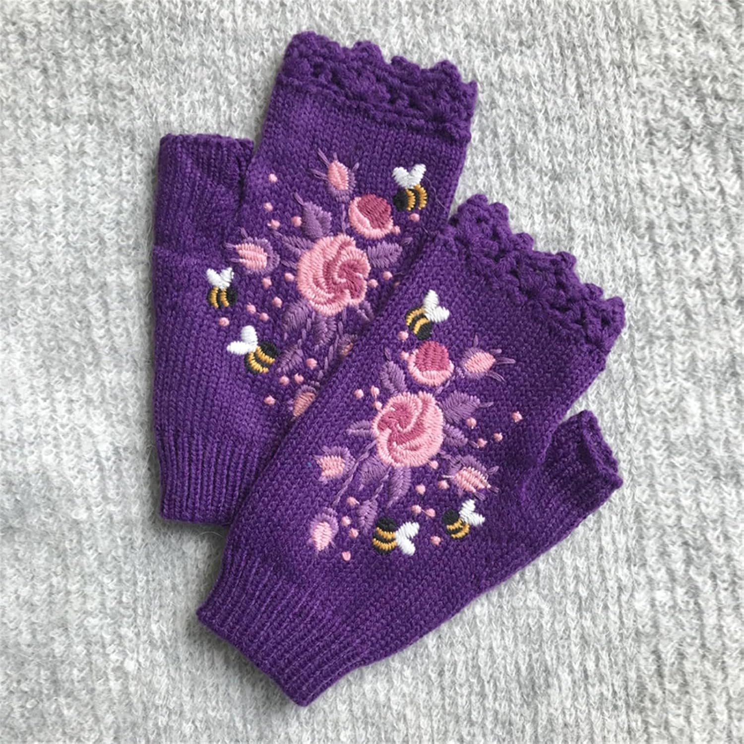 Womens Color-Block Bird Embroidered Knit WristWarmers